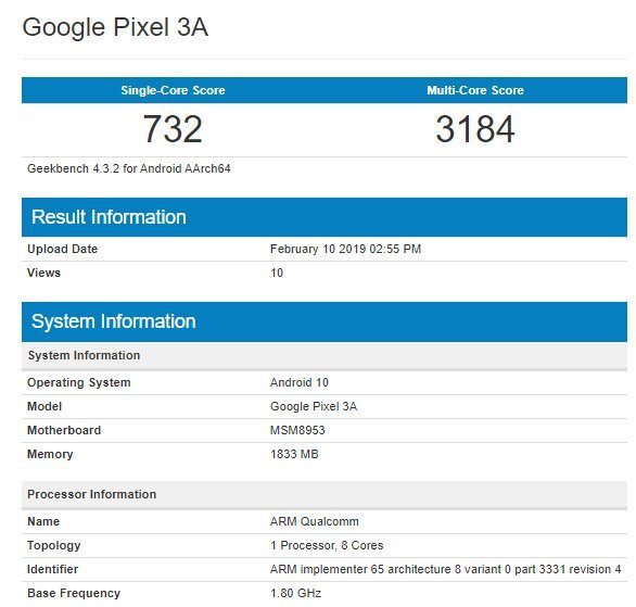 Google Pixel 3A в Geekbench