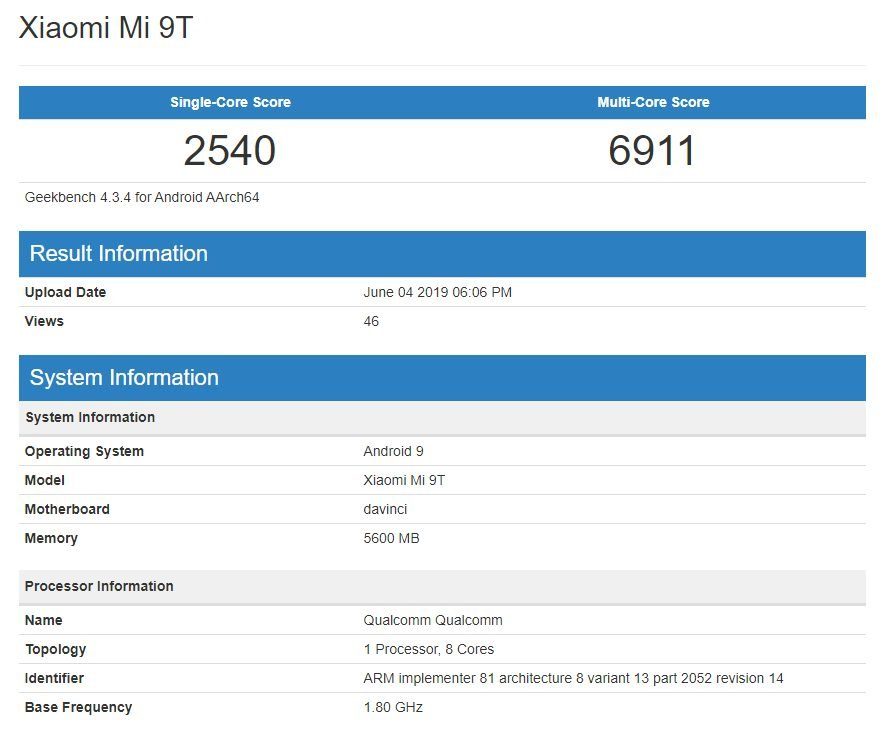 Xiaomi Mi 9t появился в Geekbench
