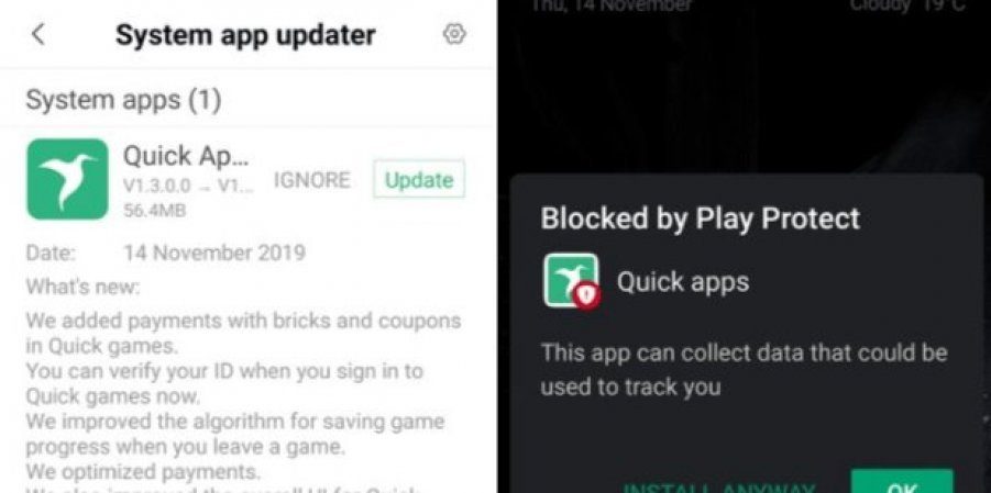 Приложение Quick Apps блокируется Play Protect