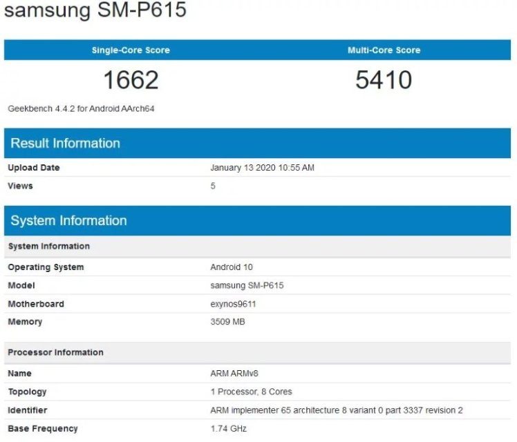 Технические характеристики Samsung Tablet SM P615 в Geekbench