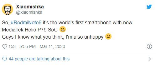 Твит инсайдера Redmi Note 9 оснастят новейшим Helio G75 от MediaTek