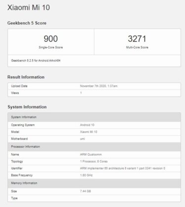 Тест Geekbench - Xiaomi Mi 10