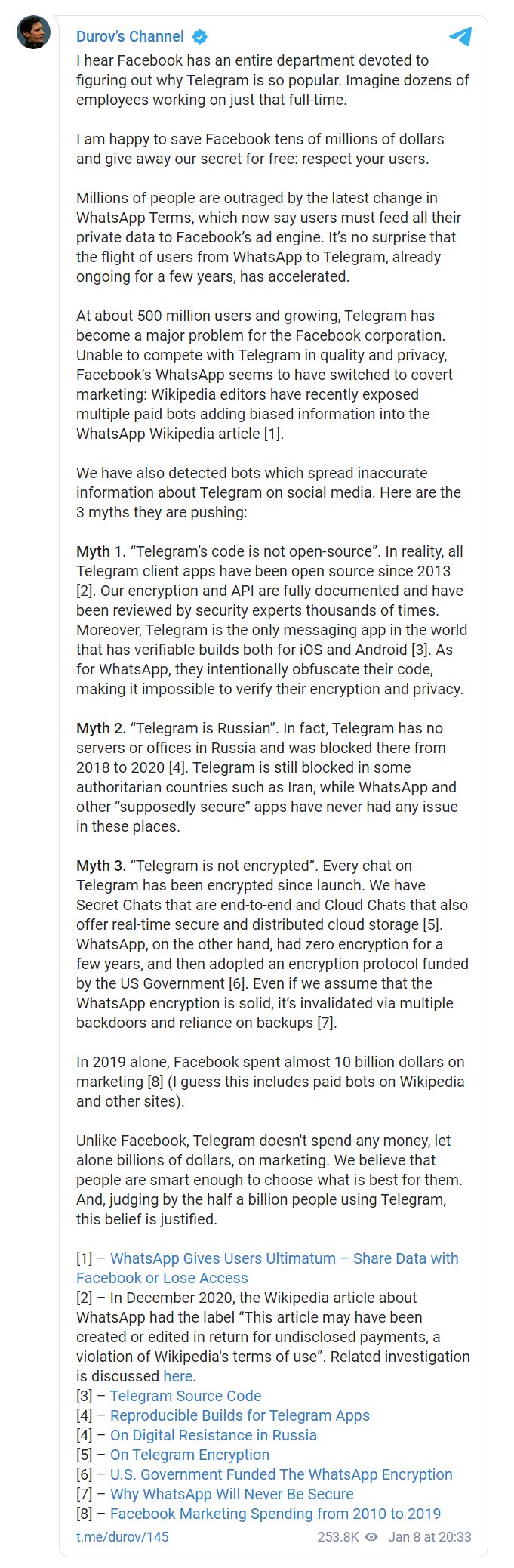 Дуров предсказал бегство пользователей WhatsApp в Telegram