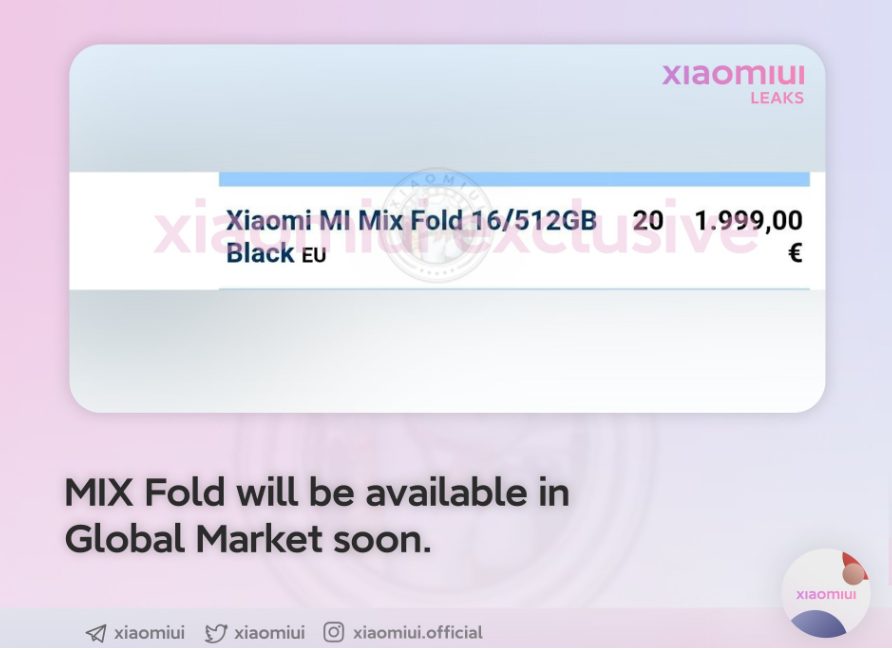 Стала известна цена глобальной версии Xiaomi Mi MIX Fold