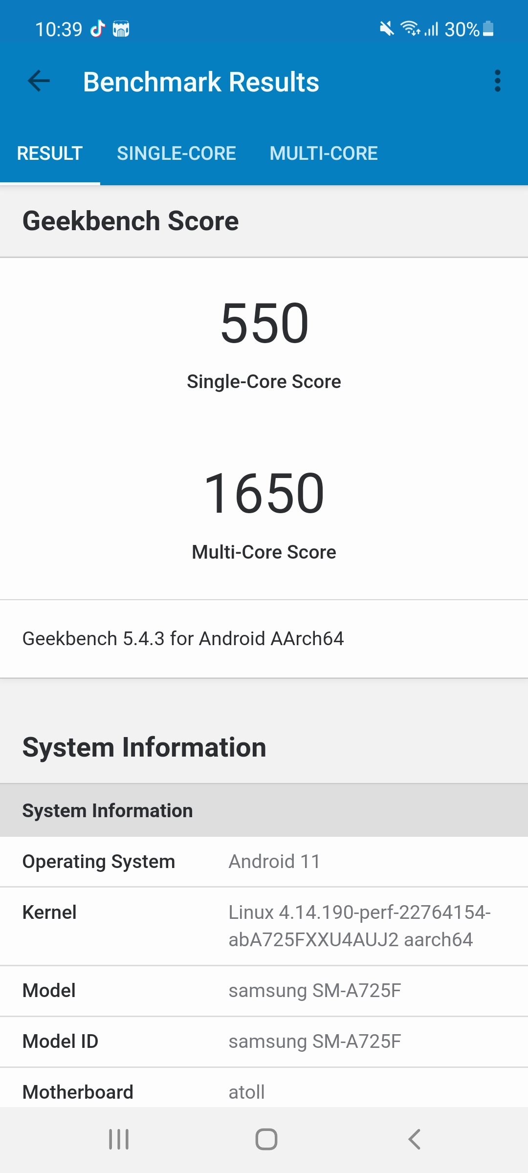 Тест GeekBench - Samsung A72
