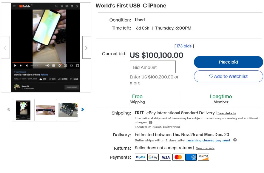 Цена на «первый в мире iPhone с работающим портом USB-C» перевалила за $100 000