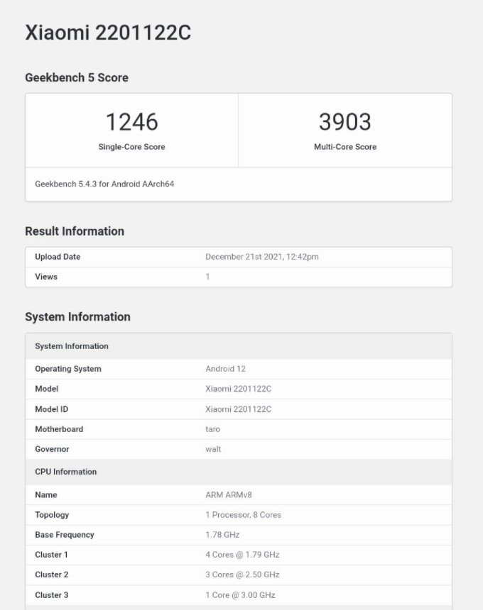 Результаты тестирования Xiaomi 12 Pro в Geekbench 5