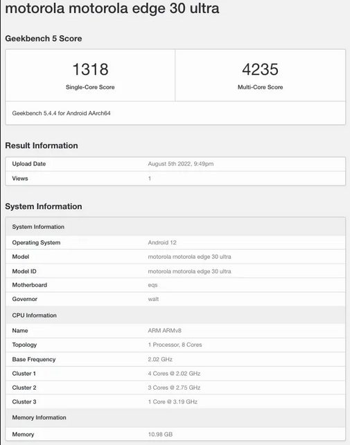 Motorola Edge 30 Ultra замечен на Geekbench с процессором SD8+ Gen 1 и 12 Гб оперативной памяти