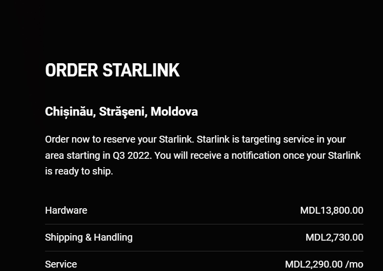 Стоимость услуг Starlink в Молдове