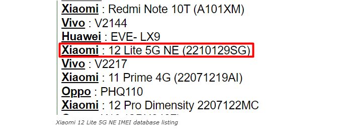 Xiaomi 12 Lite 5G NE замечен в базе данных IMEI