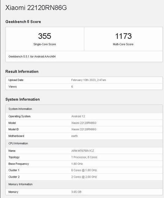 Глобальная версия Redmi 12C замечена на Geekbench