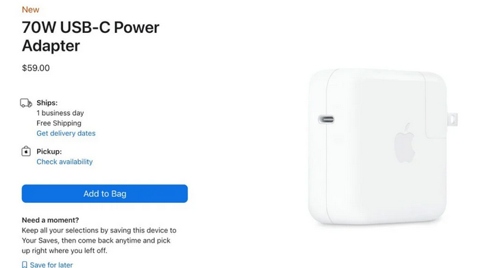 Новый адаптер питания Apple 70W заряжает MacBook Air на 50% за 30 минут
