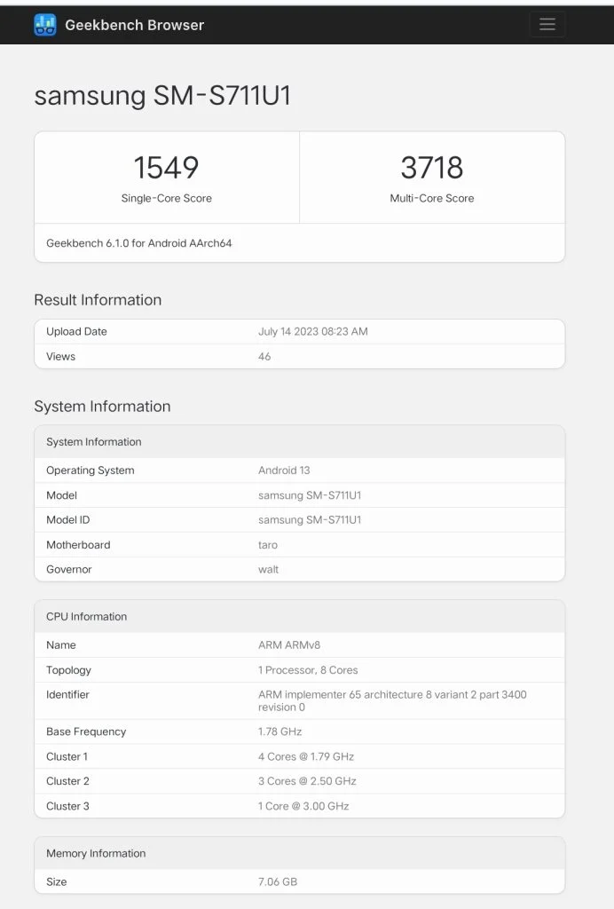 Новый листинг Geekbench указывает на вероятное наличие версии в серии смартфонов Samsung Galaxy S23 FE устройства с процессором Snapdragon 8+ Gen 1