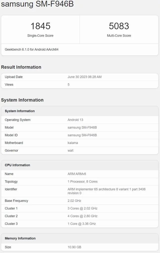 Глобальная модель Samsung Galaxy Z Fold 5 замечена на Geekbench под управлением процессора Snapdragon 8 Gen 2