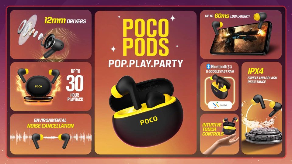 Нові навушники POCO Pods з 30-годинною автономністю, підтримкою Bluetooth 5.3 і Google Fast Pair дебютували в Індії за винятково привабливою ціною