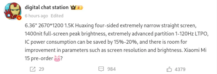 Xiaomi 15: первая информация о характеристиках экрана