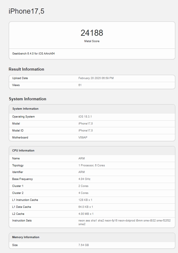 iPhone 16e в Geekbench 