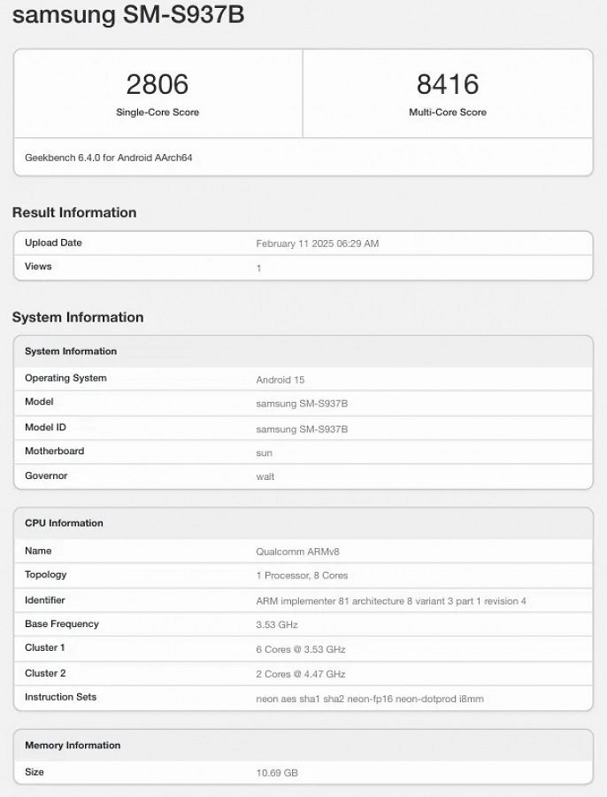 Samsung Galaxy S25 Edge в Geekbench